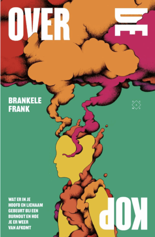 kaft boek over de kop groene kaft met gele man met op zijn kop soort wolken in rood en oranje. de letters staan deel ook op zijn kop