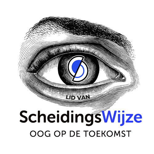 Lid van ScheidingsWijze; het oog op de toekomst met het logo van ScheidingsWijze in de pupil en in he lid van het oog staat lid